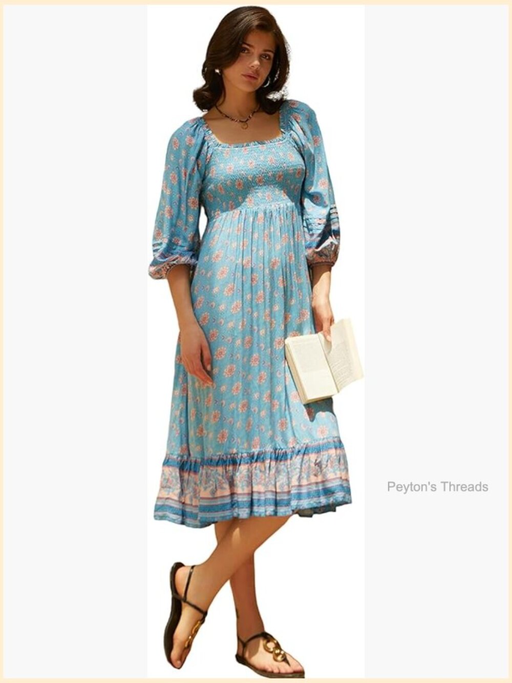 3/4 Sleeve Square Neck Midi Dress Floral Print Empire Waist Ruffle Smocked